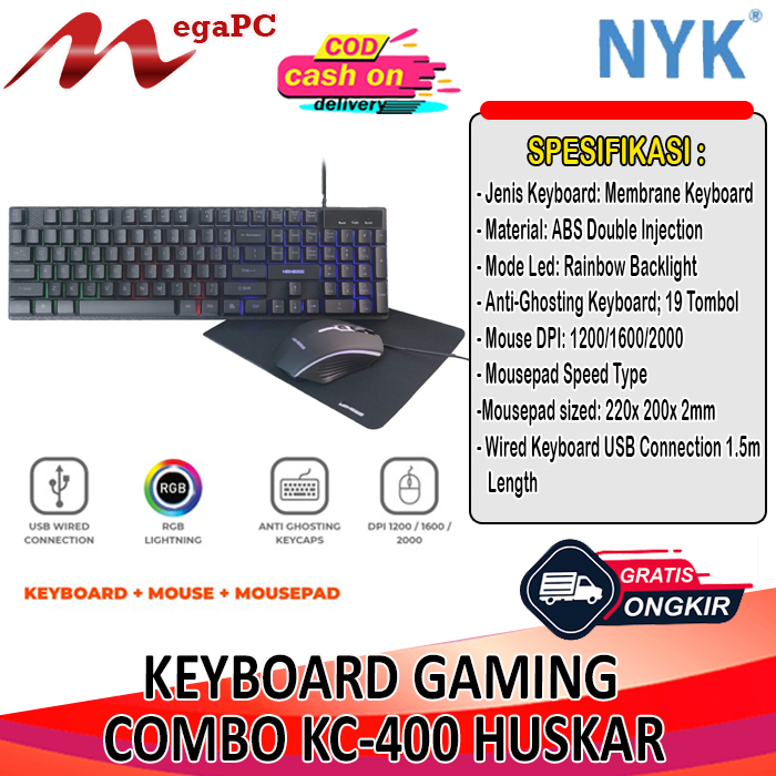 Keyboard Mouse Gaming Combo 3in1 NYK Nemesis Huskar KC-400 + Mouse pad