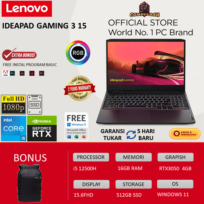 LAPTOP LENOVO IDEAPAD GAMING 3 15 - i5 GEN 12TH 16GB 512SSD RTX3050 4GB WINDOWS 11 15.6FHD 165HZ 100SRGB