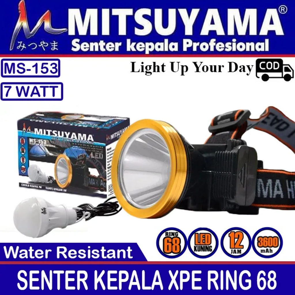 Senter Kepala Mitsuyama MS-153 XPE 7 Watt Ring Alumunium LED MS 153 MS153 LED Headlamp Bonus Lampu LED - Cahaya Kuning