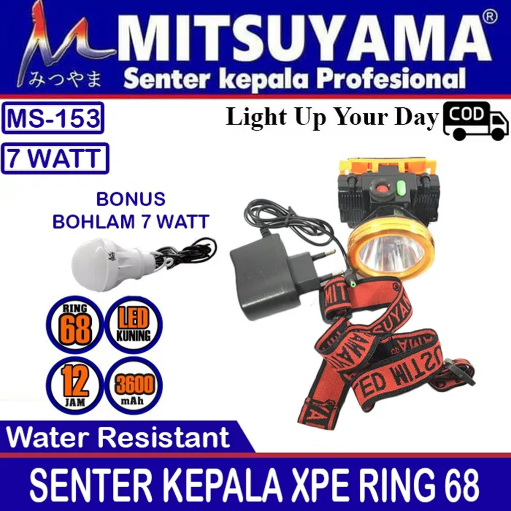 Senter Kepala Mitsuyama MS-153 XPE 7 Watt Ring Alumunium LED MS 153 MS153 LED Headlamp Bonus Lampu LED - Cahaya Kuning