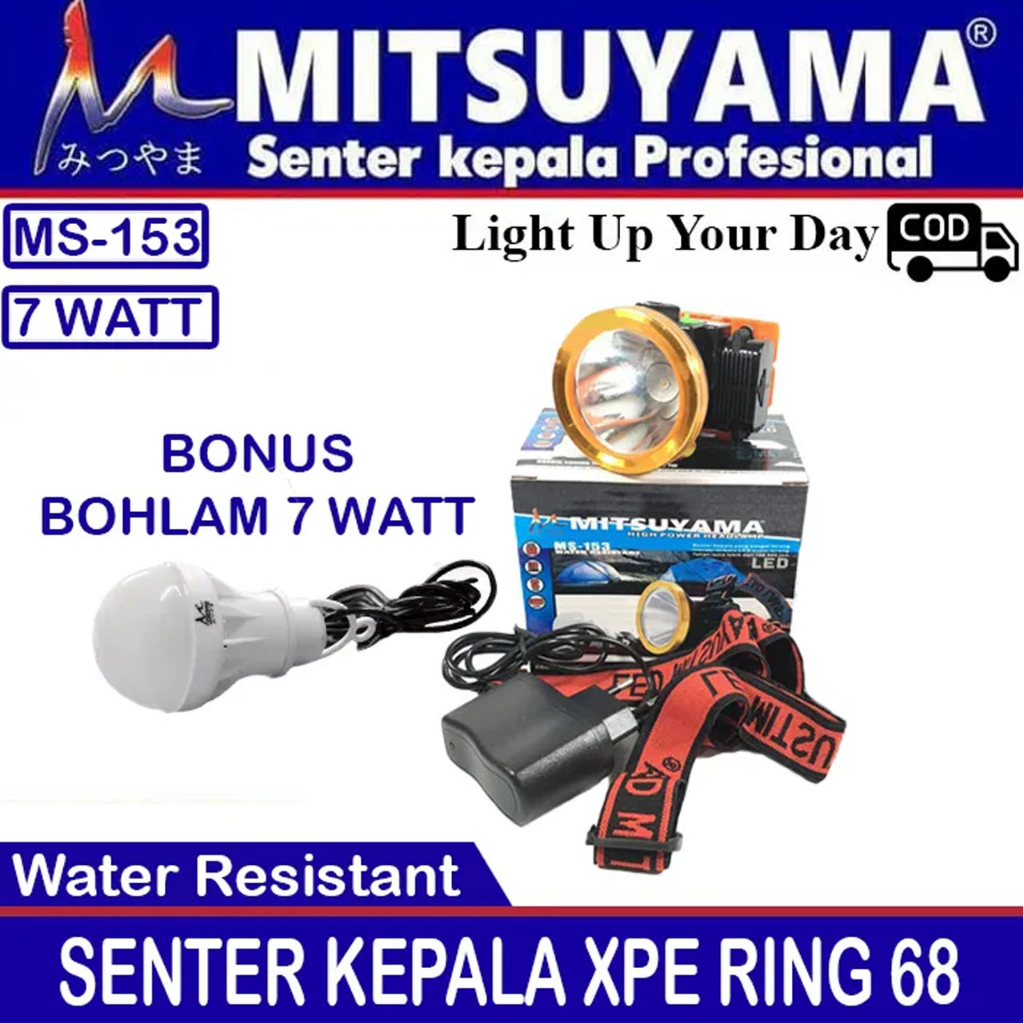 Senter Kepala Mitsuyama MS-153 XPE 7 Watt Ring Alumunium LED MS 153 MS153 LED Headlamp Bonus Lampu LED - Cahaya Kuning