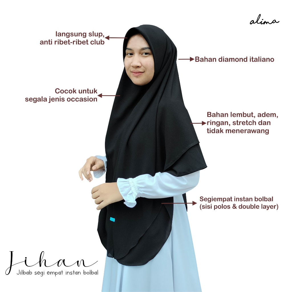 Khimar Syari segi empat instan jumbo bolak balik non pet Jihan bahan Diamond by Alima