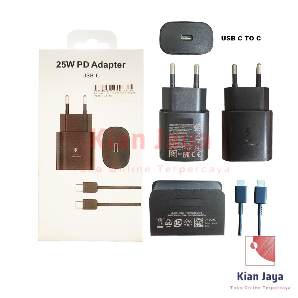 Travel Charger Galaxy Note 10 Super Fast Charging 25W USB C to C Cable Adaptor Casan Hp Original OEM