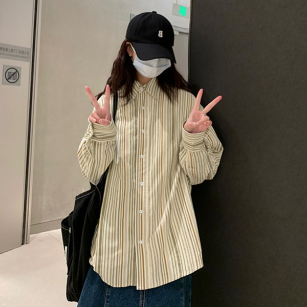 Korean Style Oversize Retro stripe causual baju atasan wanita kekinian premium blouse wanita kemeja wanita lengan panjang