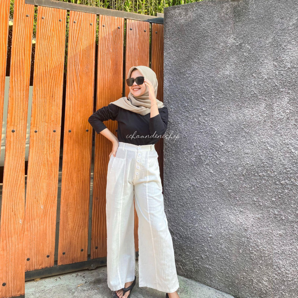 ICH - Valinna Celana Kulot Highwaits Kancing Linen Crinkle Premium