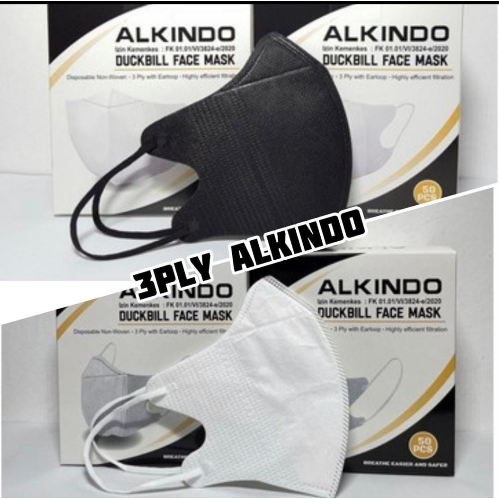 Masker Duckbill Alkindo 3 ply Warna Hitam dan Putih Earloop Isi 50 Pcs Per Box