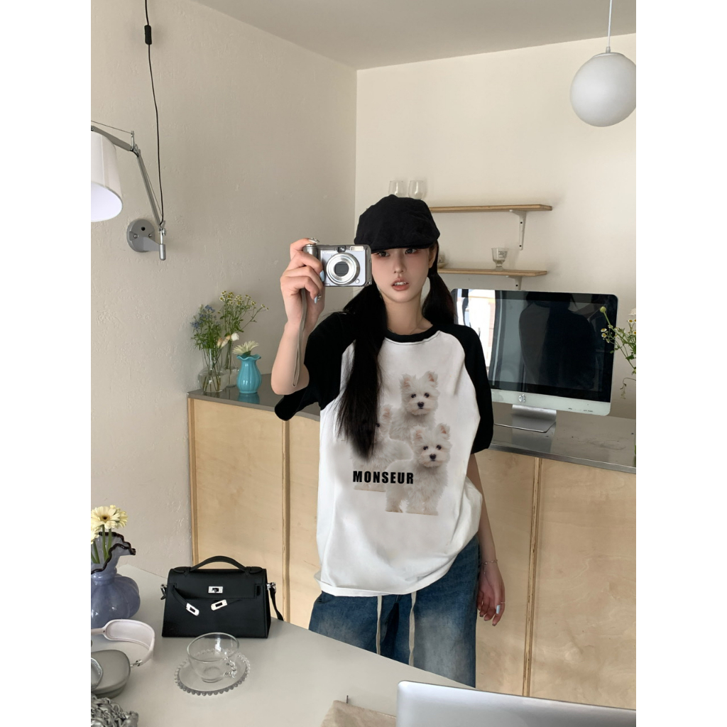 EUNII T-shirt Lengan Pendek Cartoon Dog Family Korean Style/Kaos Atasan Wanita/Baju Kaus Oversize Wanita/Kaos Wanita