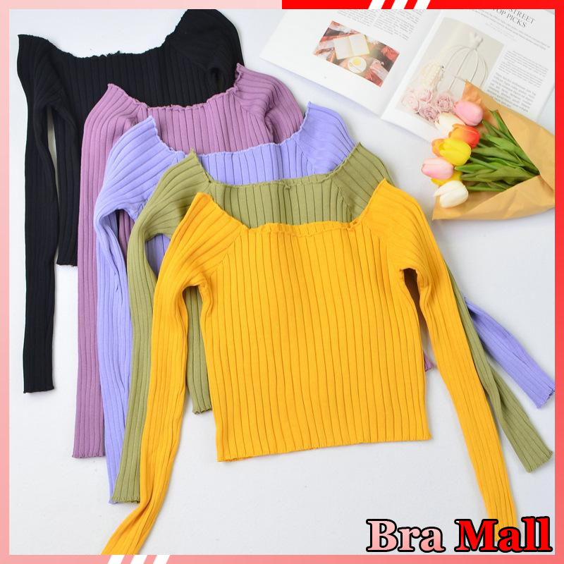 【 Bra Mall 】BJ-061 Crop Top Korean Style Knitwear Uneck Curly Import Premium | Atasan Crop Wanita Rajut Premium Import Kriwil Style