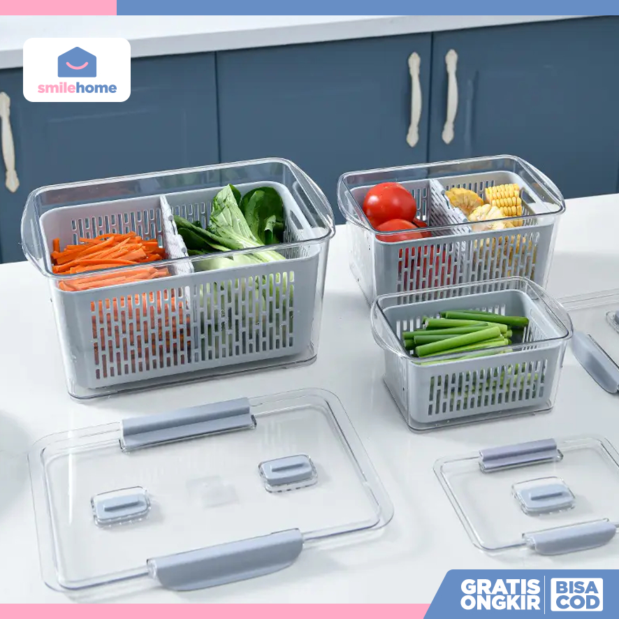 SMILEHOME Kotak Penyimpanan Buah Sayur Kulkas - Container Set Food Box Akrilik Dengan Sekat