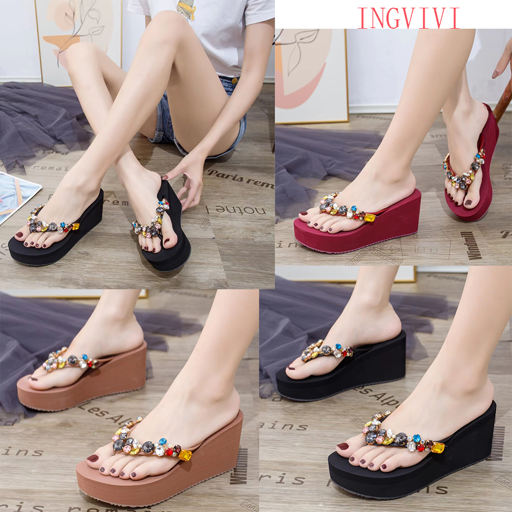 Sandal Jepit INGVIVI Wedges   719 Sandal Ingvv Swarovsky Wedge Permata / Spon Flip 7.5cm