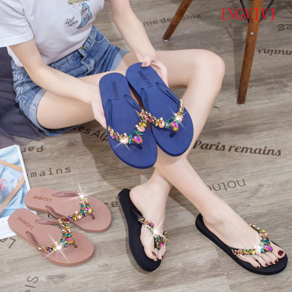 Sandal Jepit INGVIVI Wedges 158-5 / Sandal Ingvv Swarovsky Wedge Permata / Spons / Spon Flip