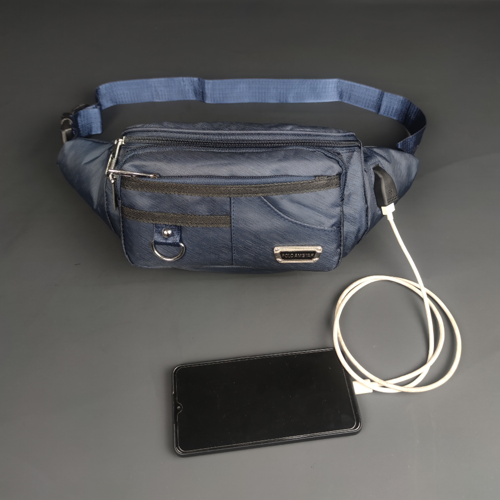 Tas Selempang Pria Polo Amstar Bahan Nilon Poliester Waterproof Free USB Extension  Waistbag Tas Pinggang Tas Selempang Bahu Tas keren Murah Berkualitas