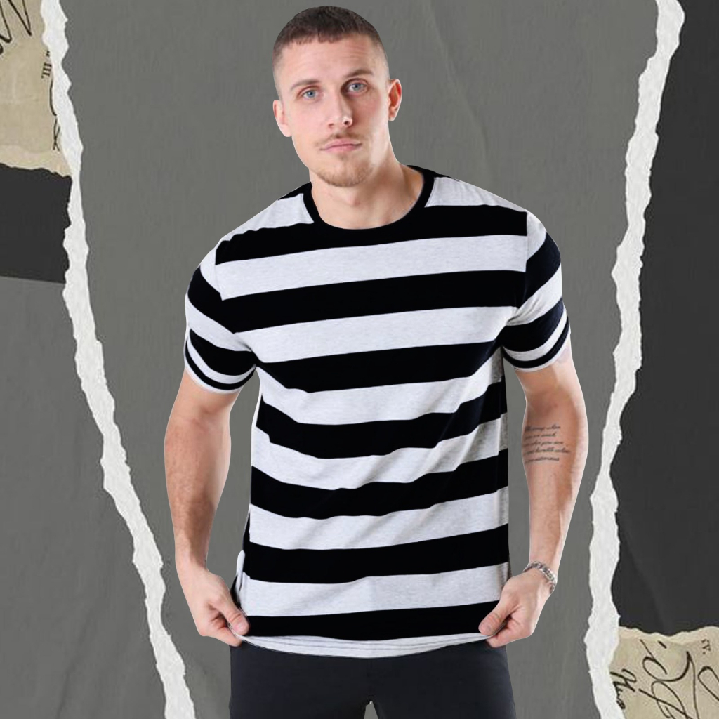 Kaos Stripe Pria Dewasa Lengan Pendek/Baju Kaos Distro Salur Pira Dewasa Lengan Pendek/Atasan Pria S