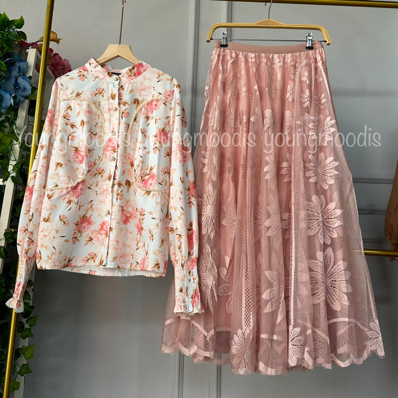 youngmoodis Laila setrok setelan blouse motif dan rok tutu brokat