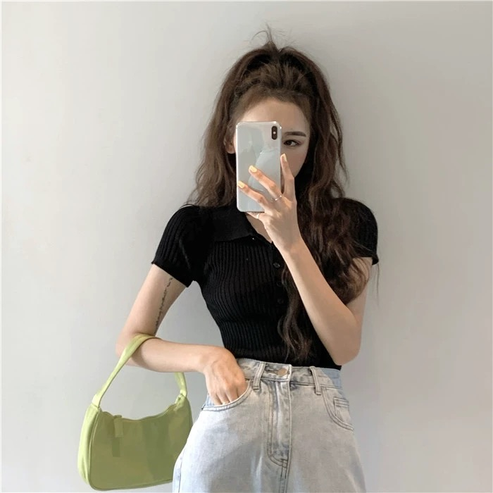 Korean Crop Top Short Sleeve Atasan Wanita 2290