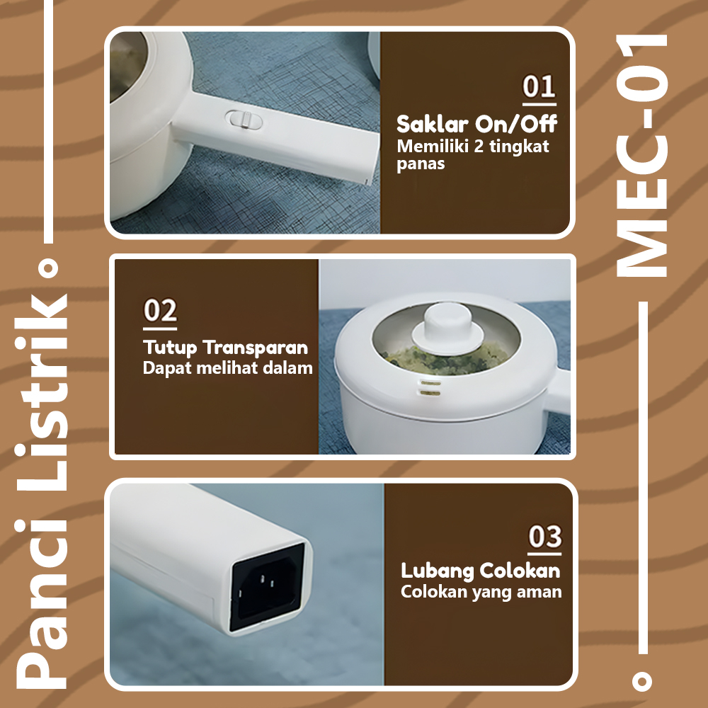 Panci Listrik 2 in 1 Kukus Dan Goreng MEC-1Panci Listrik Fry Pan Electric Cooker Serbaguna Liner Nano Porselen Putih