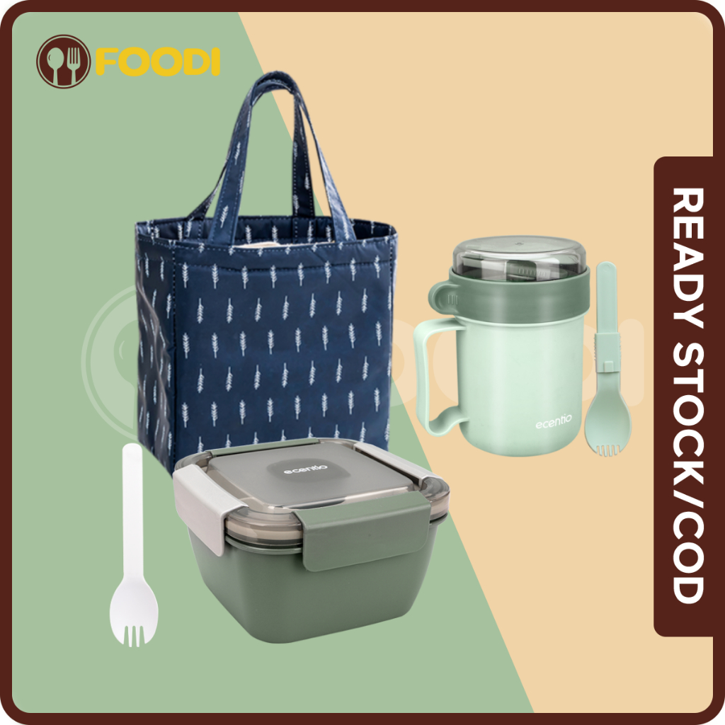 Foodi kotak bekal anak set 4pcs/kotak bekal tempat makan 2 susun 1100ml portabel dan sauce box anti tumpah/botol minum anak sedotan 600ml tas silikon portable/Sendok set 410 stainless steel/tas Alumunium Foil Lunch Bag