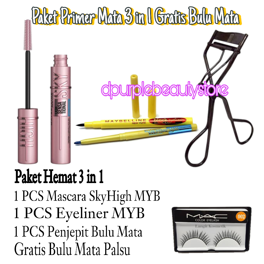 Gratis Bulu Mata -Paket Hemat Mascara MYB SkyHigh 3 in 1 Lengkap / Paket Kosmetik Mata 3 in 1