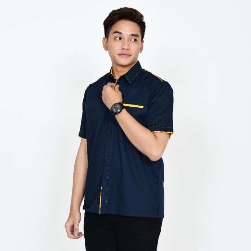 Baju Kemeja Lengan Panjang Pria/Seragam Kerja Kantoran/Baju Navy Lis Kuning Lengan Panjang