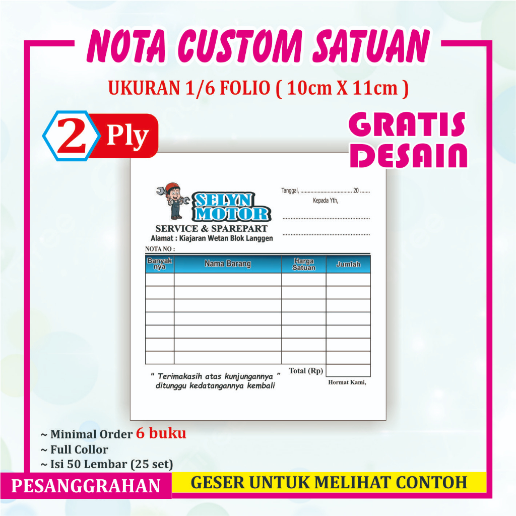 

Cetak Nota Custom 2 ply kecil Ukuran 1/6 Gratis Desain Full color bisa pakai nama logo sendiri