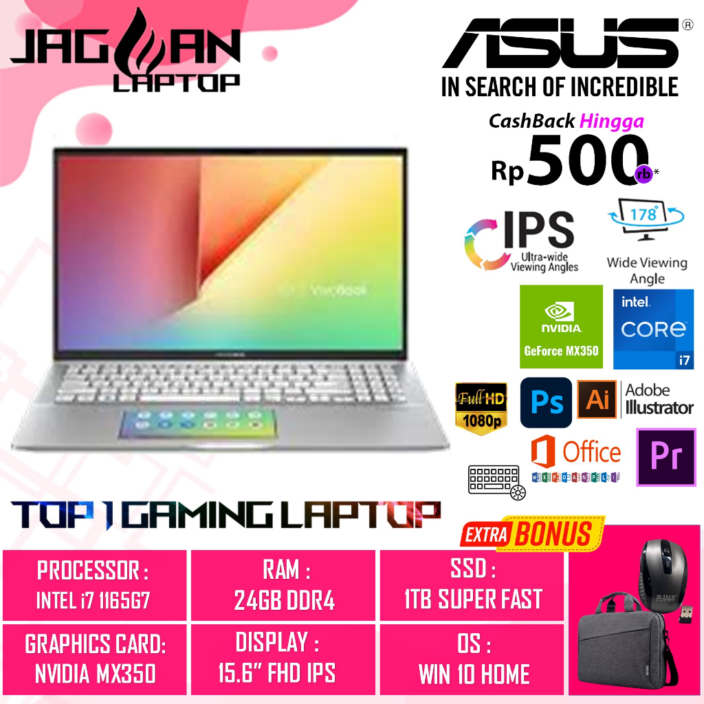 Laptop Gaming ASUS VIVOBOOK S15 S532EQ INTEL I7 1165G7 24GB 1TB SSD MX530-2GB 15.6 FHD IPS BL SCREENPAD WIN10HOME SILVEr