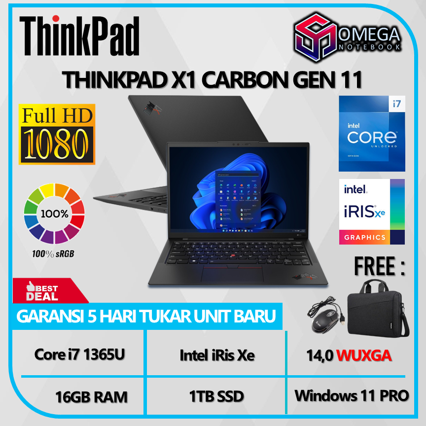 Lenovo Thinkpad X1 Carbon Gen 11 i7 1365U 16GB 1TB SSD iRis Xe 14,0 WUXGA Windows 11 Pro