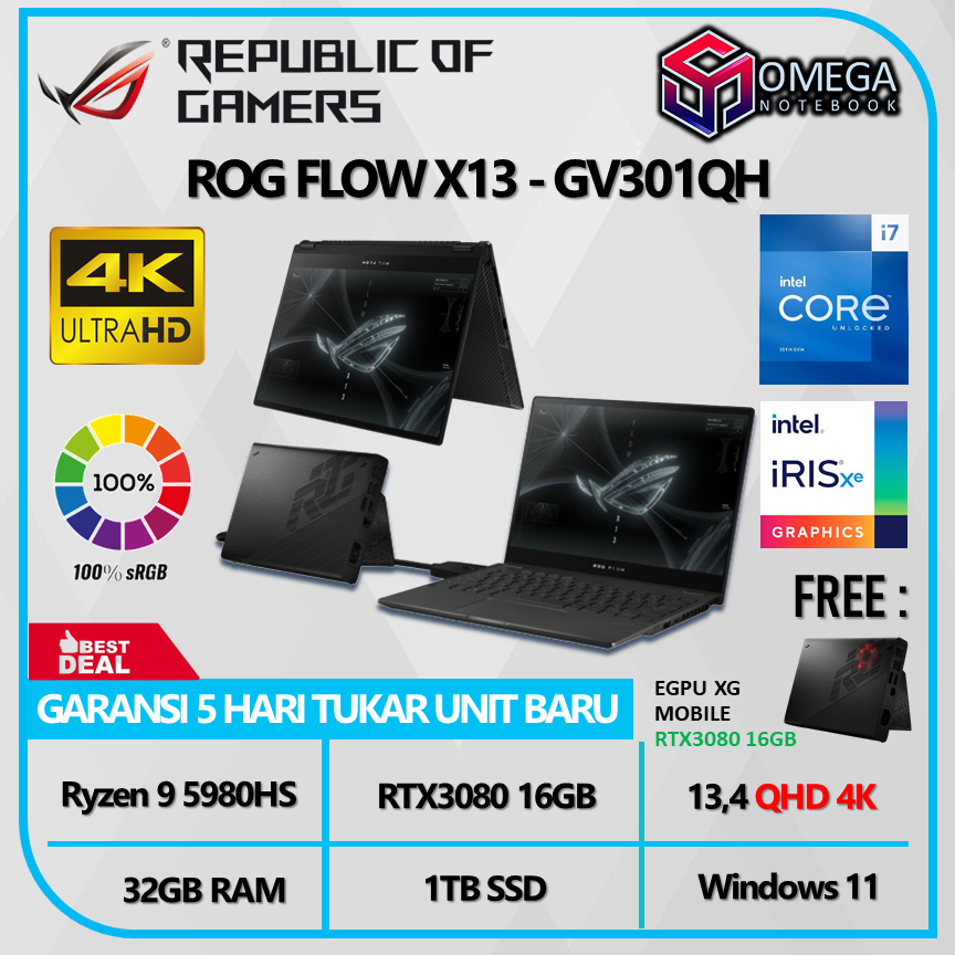 ASUS ROG FLOW X13 GV301QH 4K Ryzen 9 5980HS 32GB 1TBSSD RTX3080 16GB 13,4 4K UHD Windows 11