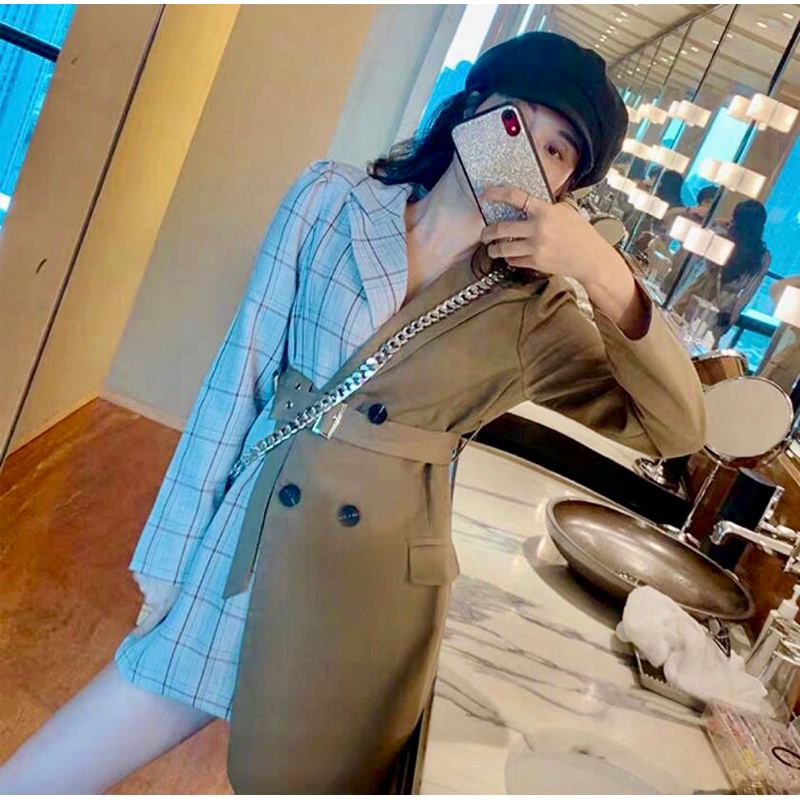 BLAZER WANITA MOTIF KOTAK KANCING DEPAN BASIC CASUAL ELEGANT LENGAN PANJANG IMPORT