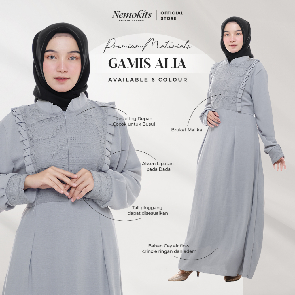 NEMOKITS Gamis Alia - Gamis Busui Friendly Variasi Brukat Malika Maxi Dress Pakaian Muslim Wanita Wa