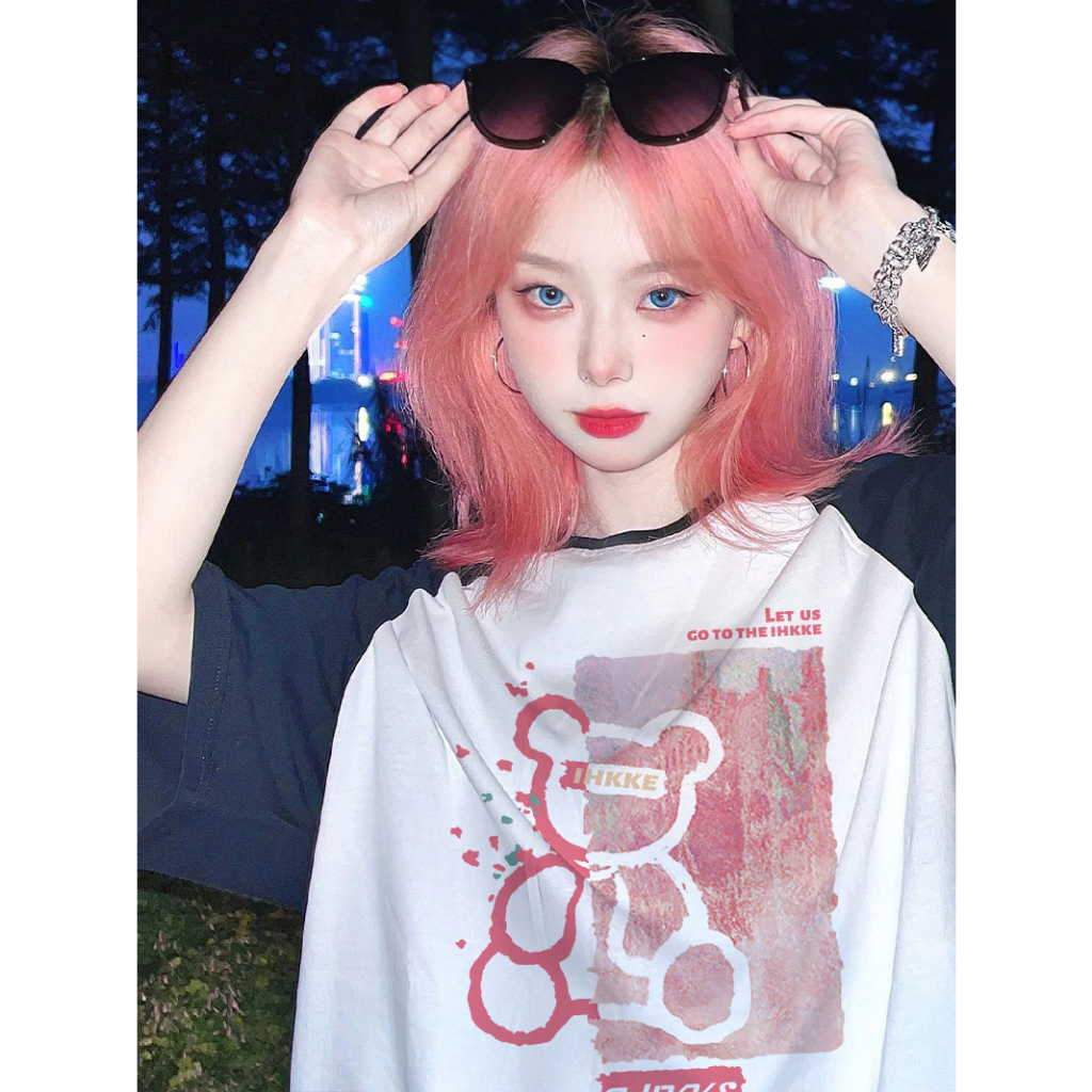 EUNII T-shirt Lengan Pendek Cartoon Pink Bear Korean Style/Kaos Atasan Wanita/Baju Kaus Oversize Wanita/Kaos Wanita