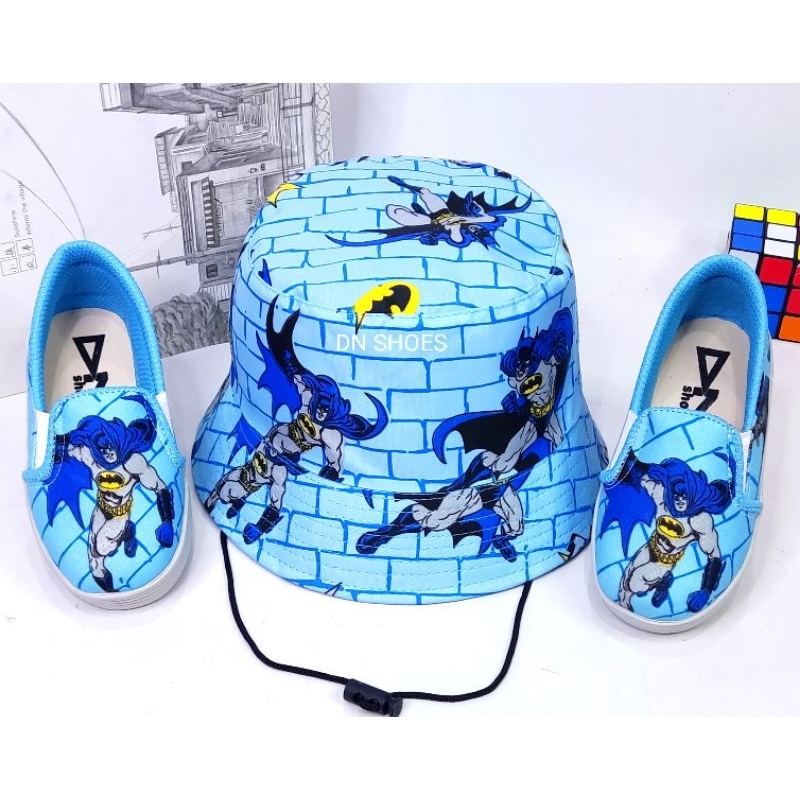 Paket Sepatu Formal Anak Laki Topi Bucket Anak Laki Motif Batman Biru 1 - 7,5 thn