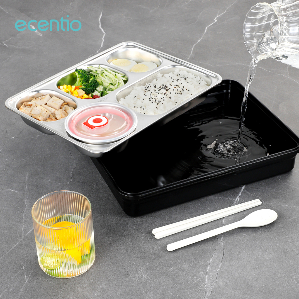 ecentio &amp; FOODI lunch box stainless anti tumpah 5 Sekat tempat bekal 1000ml/mangkuk sup 300ml 304 Stainless steel/tempat bekal Tahan Panas microwavable/Free Kapasitas mangkuk sup 300ml/Free Sendok