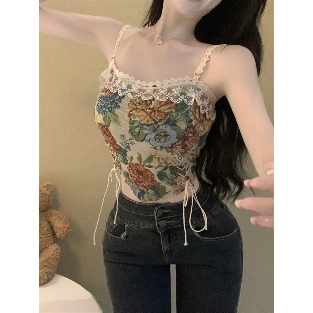 Korean Style Crop Top Vest Retro Model Floral Fit Lace Vest All Match top