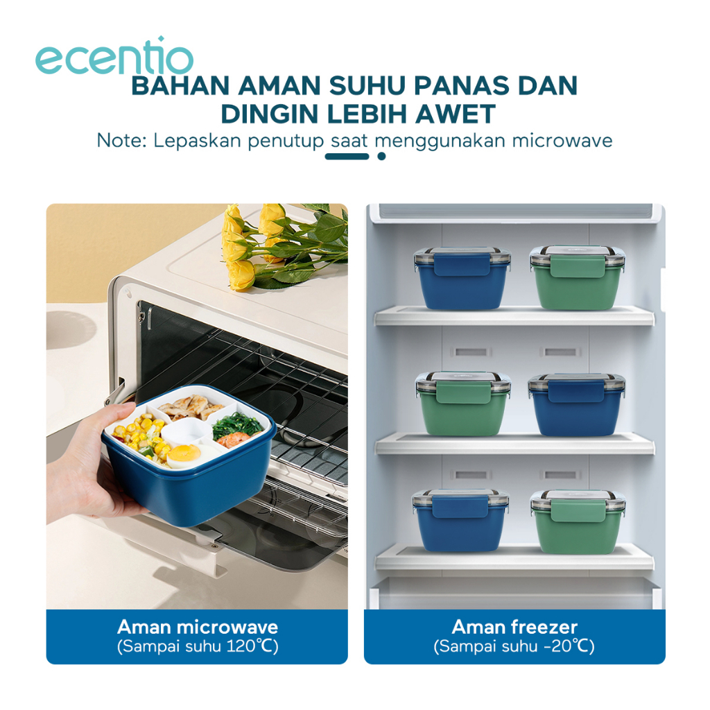 ecentio kotak bekal anti tumpah 2 susun 1100ml portable salad sauce buah/tempat makan Tahan Panas microwavable/lunch box BPA Free/free sendok