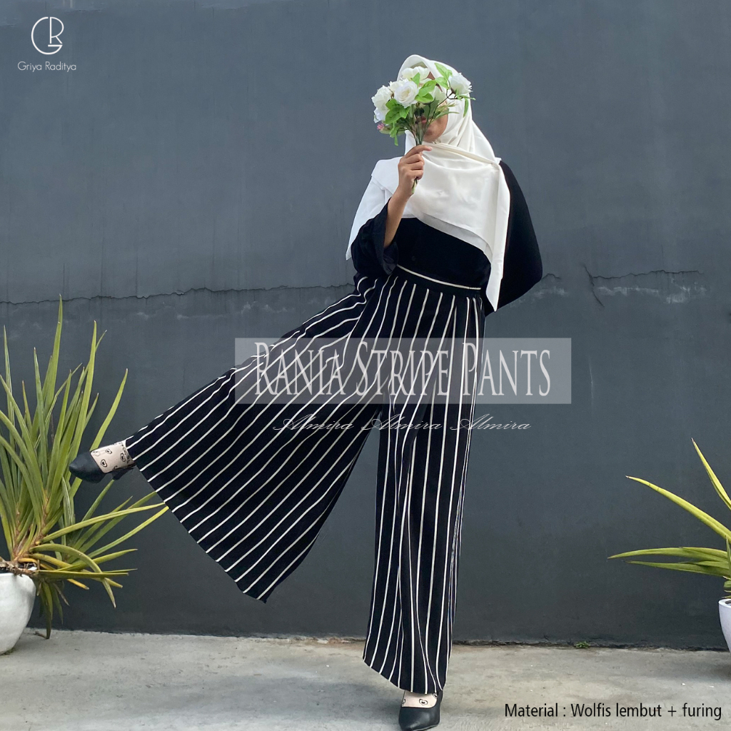Kulot Wanita Panjang Lebar  Motif Garis Rania Stripe Palazzo Pants Kulot lebar Salur Hitam Putih