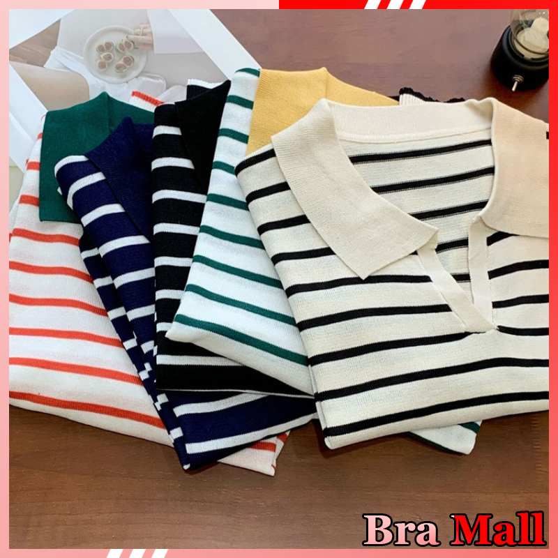 【 Bra Mall 】BJ-068 Knitwear Sweater Crop Rajut Sweater Bergaris Baju Rajut Import Crop Top Lengan Panjang