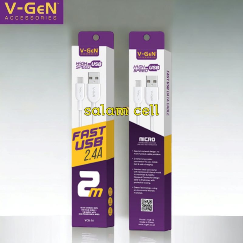 Kabel Data Micro Usb V-GEN VCB-16 2,4A Panjang 2 Meter Quick Charge Original Vgen Vcb 16