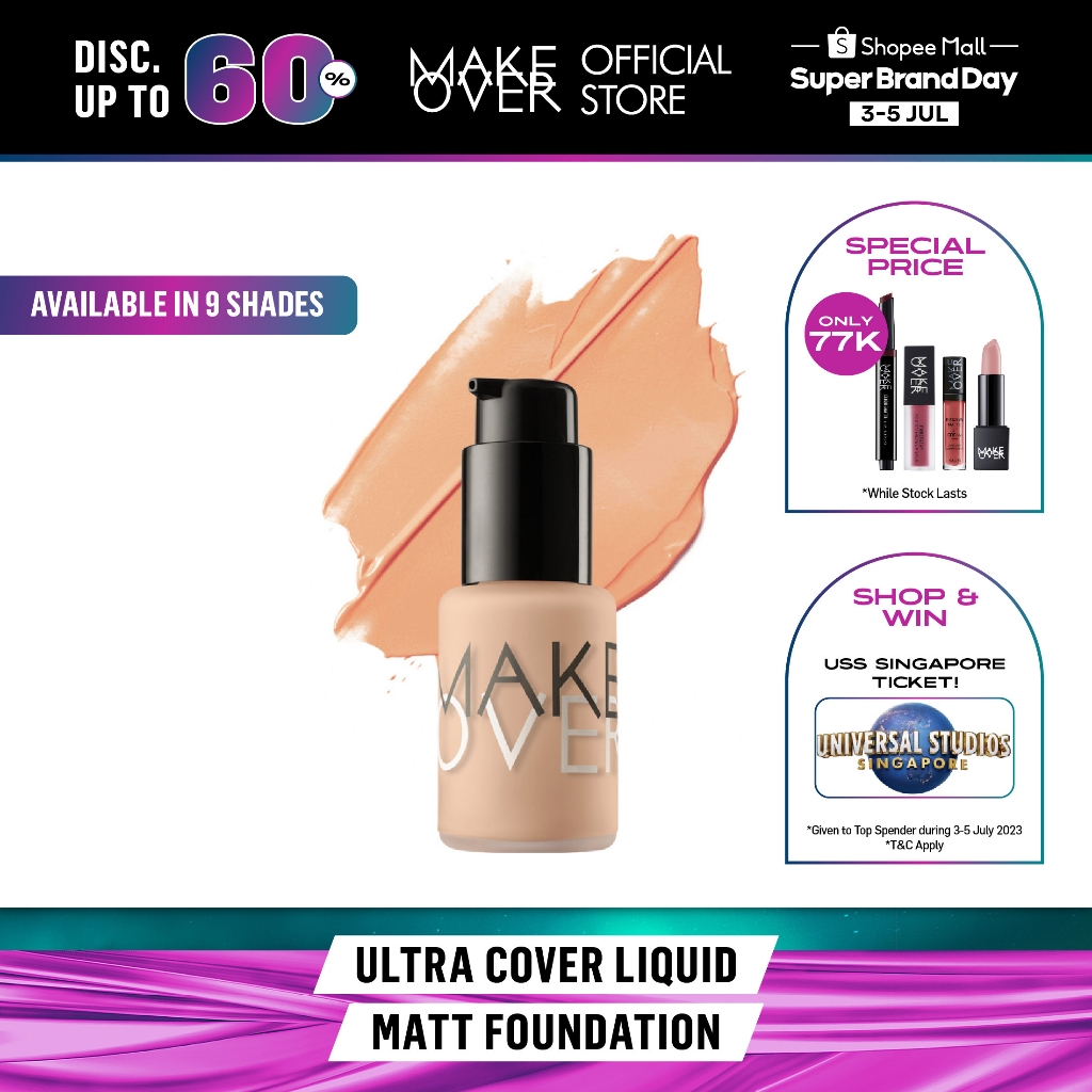 MAKE OVER Ultra Cover Liquid Matte Foundation - High coverage flawless satin ringan poreless make up tahan lama non-comedogenic