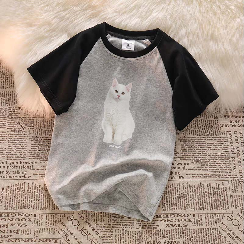 Raglan T Shirt White Cat Baju baju wanita korea Oversize Wanita Atasan Wanita Slimfit