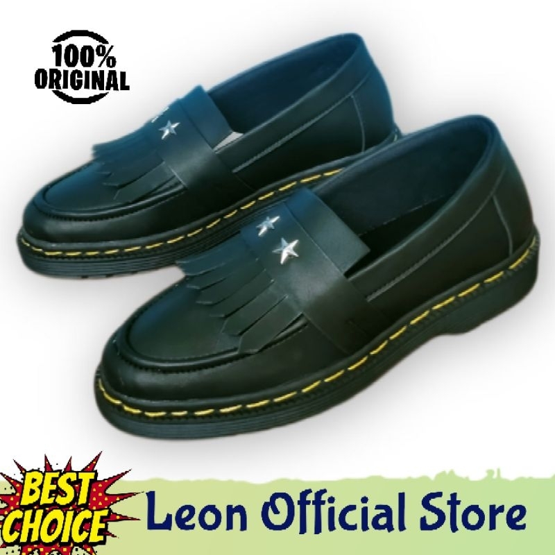 Sepatu Loafer Pria Formal Elegan Maskulin Slip On Hitam Doc.Martens Bintang Gaya Retro Pantofel Kerj