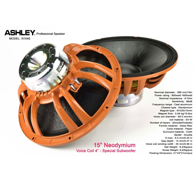 Speaker Component Ashley N 1540 Original 15 inch Neodymium N1540 Subwoofer Special Komponent