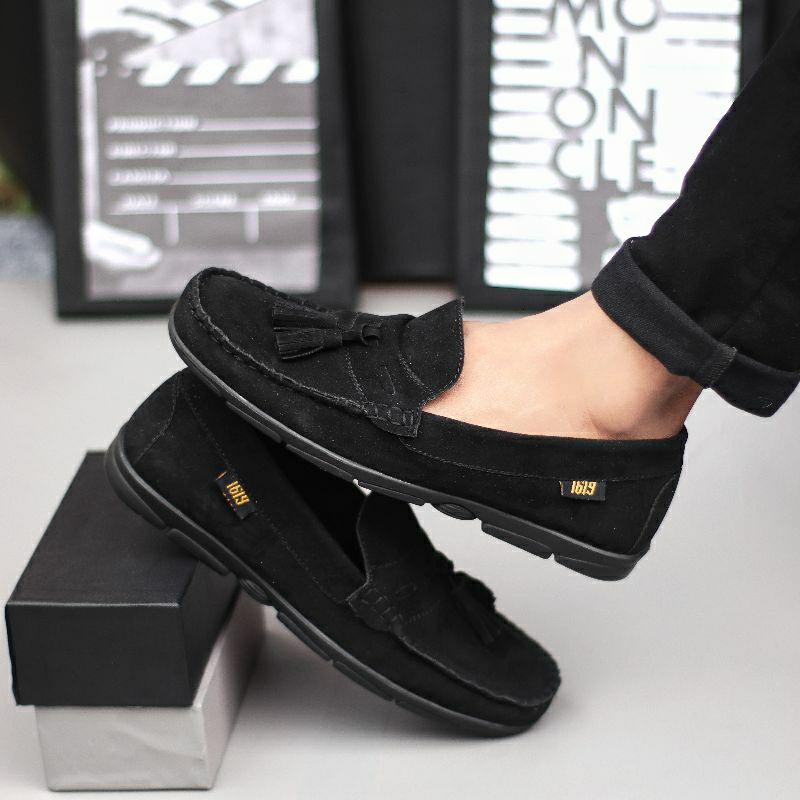 ZEPPLIN Sepatu Kasual Pria Semi Formal Slip On Kulit Suede Loafers Casual Kerja Kuliah Trendi Hitam