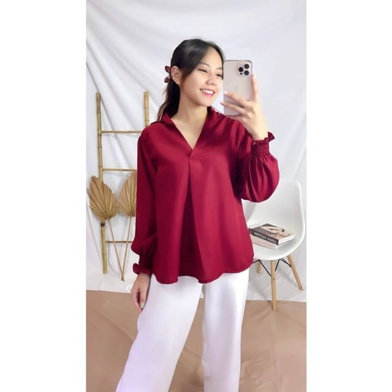 KEMEJA BASIC WANITA/KEMEJA BLOUSE V NECK/KEMEJA WANITA LENGAN PANJANG/KEMEJA BASIC OVERSIZE