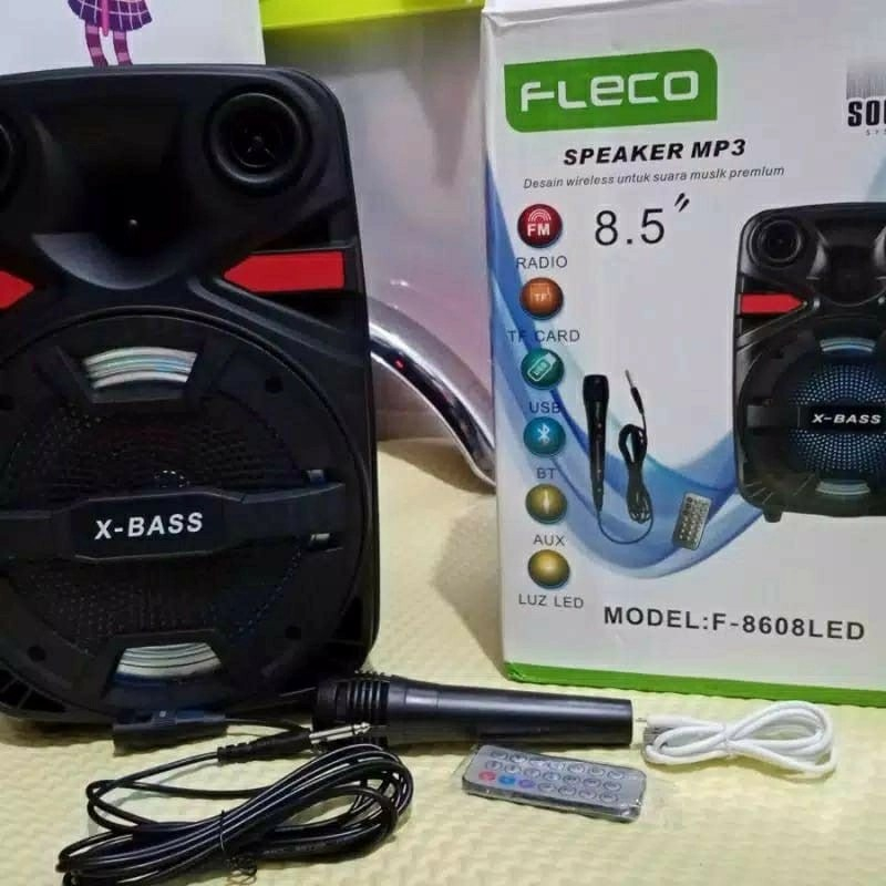 Speaker Bluetooth FLECO F-8608 LED X- BASS 8.5 Inchi Bonus Mic Remote