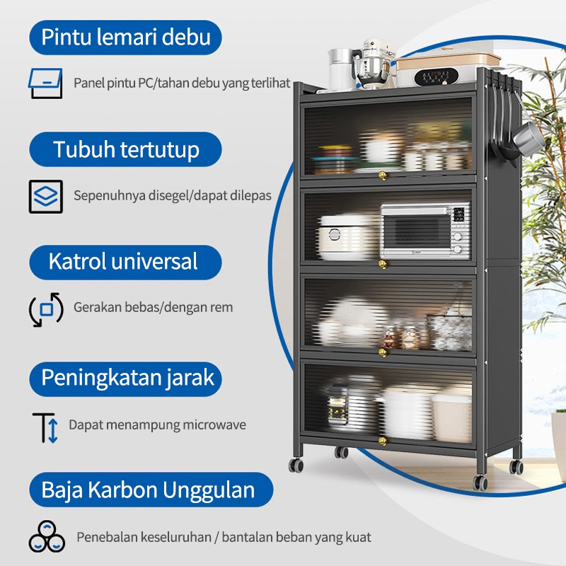 Rak Kabinet Dapur / lemari dapur serbaguna / Rak Oven Microwave / Rak Dapur Anti Debu Lemari Dengan Roda Pintu