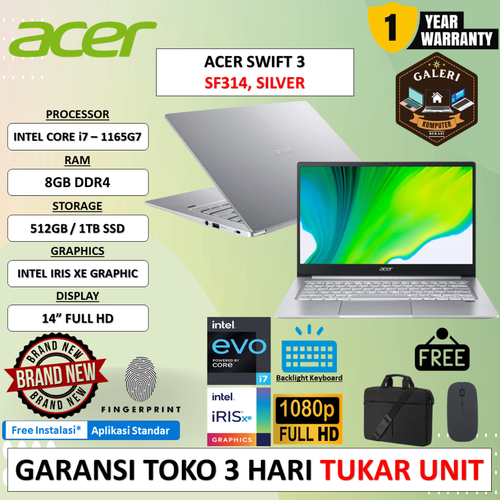 LAPTOP ACER SWIFT 3 SF314 INTEL EVO CORE i7 1165G7 8GB 1TB IRIS XE 14.0 FHD WINDOWS 10 HOME