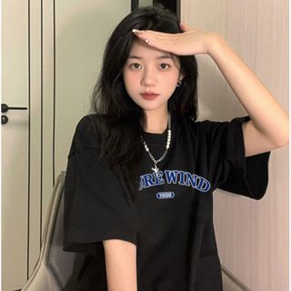 Kaos Baju Raglan Wanita Blue Letter Pattern Kaos Oversize Baju Korean Style Kaos Wanita Lengan Pendek