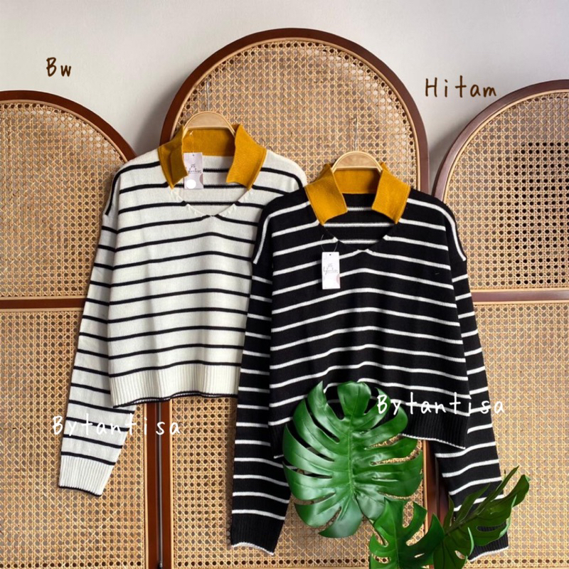 Bytantisa - Blouse Polo Rajut Tavia Motif Garis