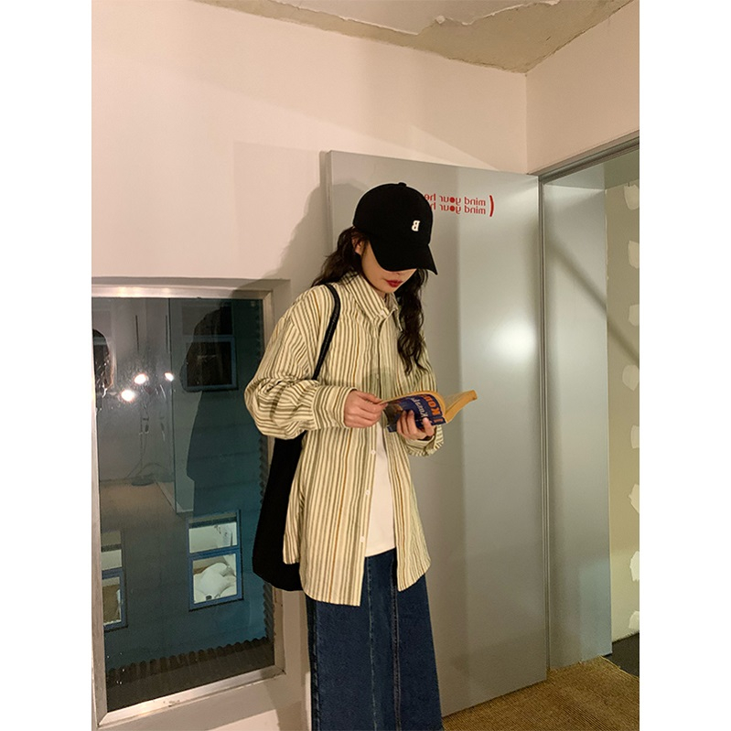 EUNII Korean Style Kemeja Kotak Lengan Panjang Blouses Wanita Atasan Loose Shirt