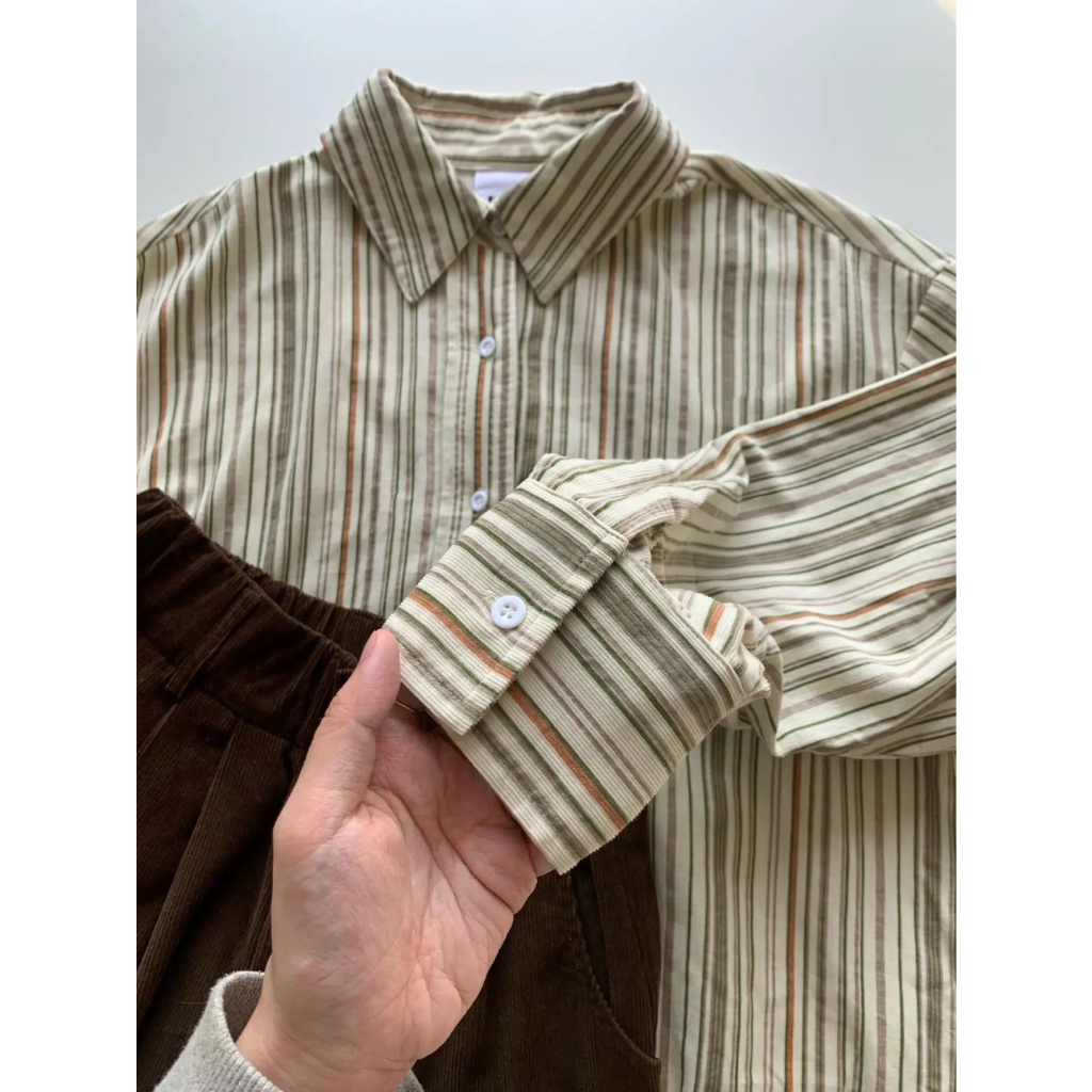 EUNII Korean Style Kemeja Kotak Lengan Panjang Blouses Wanita Atasan Loose Shirt